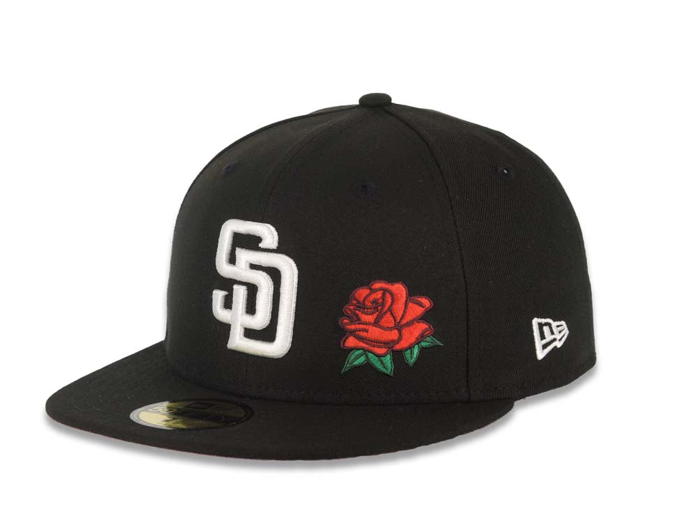 San Diego Padres New Era MLB 59FIFTY 5950 Fitted Cap Hat Black Crown/Visor White Logo With Rose 40th Anniversary Side Patch