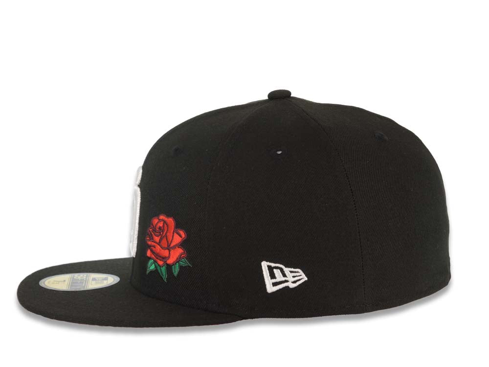San Diego Padres New Era MLB 59FIFTY 5950 Fitted Cap Hat Black Crown/Visor White Logo With Rose 40th Anniversary Side Patch