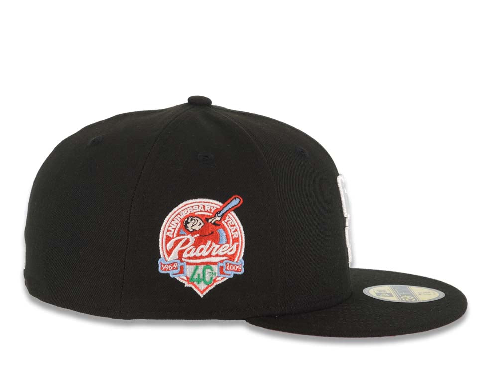 San Diego Padres New Era MLB 59FIFTY 5950 Fitted Cap Hat Black Crown/Visor White Logo With Rose 40th Anniversary Side Patch