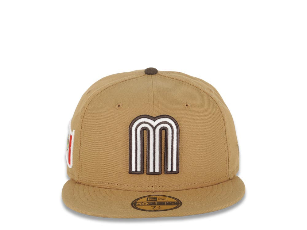 Mexico New Era 59FIFTY 5950 Fitted Cap Hat Wheat Crown/Visor Cream/Brown Logo Mexico Flag Side Patch Brown UV