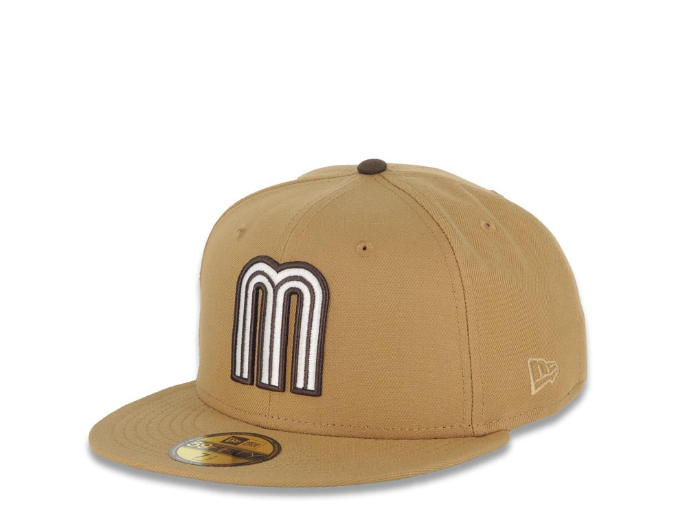 Mexico New Era 59FIFTY 5950 Fitted Cap Hat Wheat Crown/Visor Cream/Brown Logo Mexico Flag Side Patch Brown UV