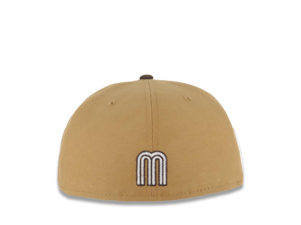 Mexico New Era 59FIFTY 5950 Fitted Cap Hat Wheat Crown/Visor Cream/Brown Logo Mexico Flag Side Patch Brown UV