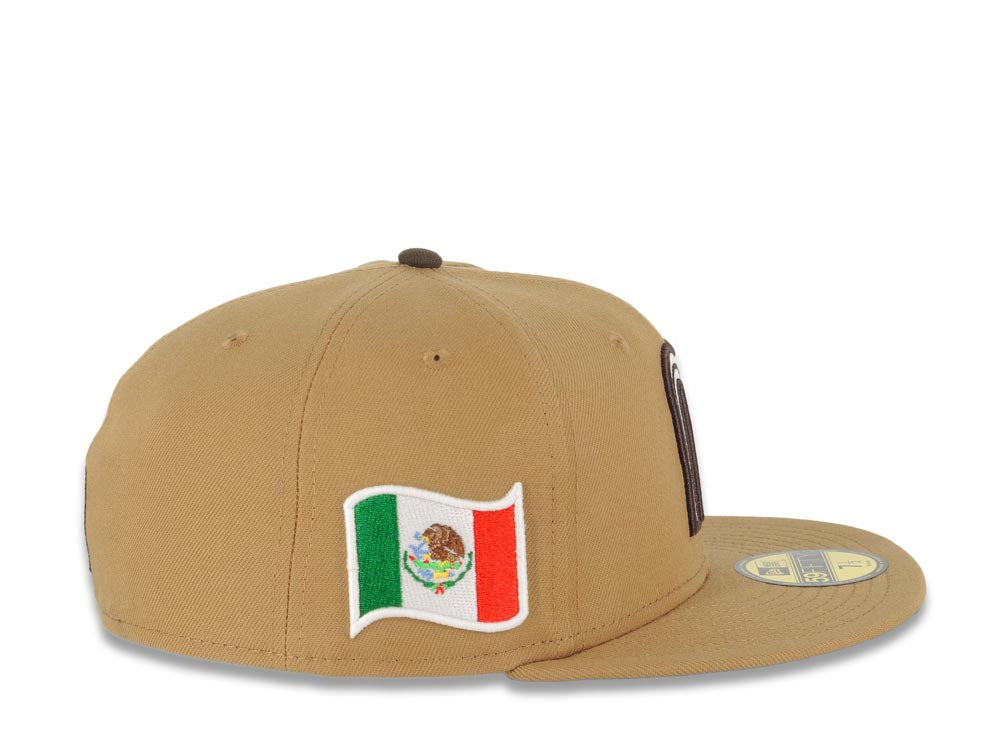 Mexico New Era 59FIFTY 5950 Fitted Cap Hat Wheat Crown/Visor Cream/Brown Logo Mexico Flag Side Patch Brown UV