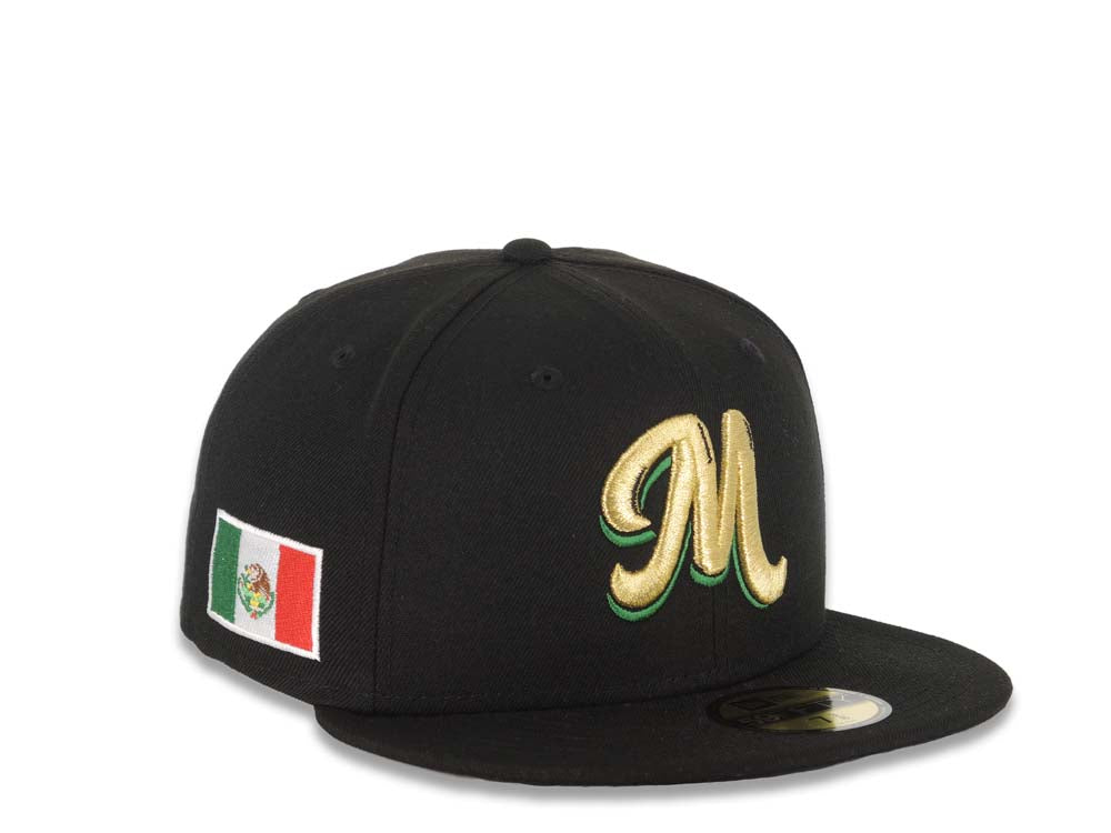 Mexico Carribean Serie New Era 59FIFTY 5950 Fitted Cap Hat Black Crown/Visor Metallic Gold/Green Logo Flag Side Patch