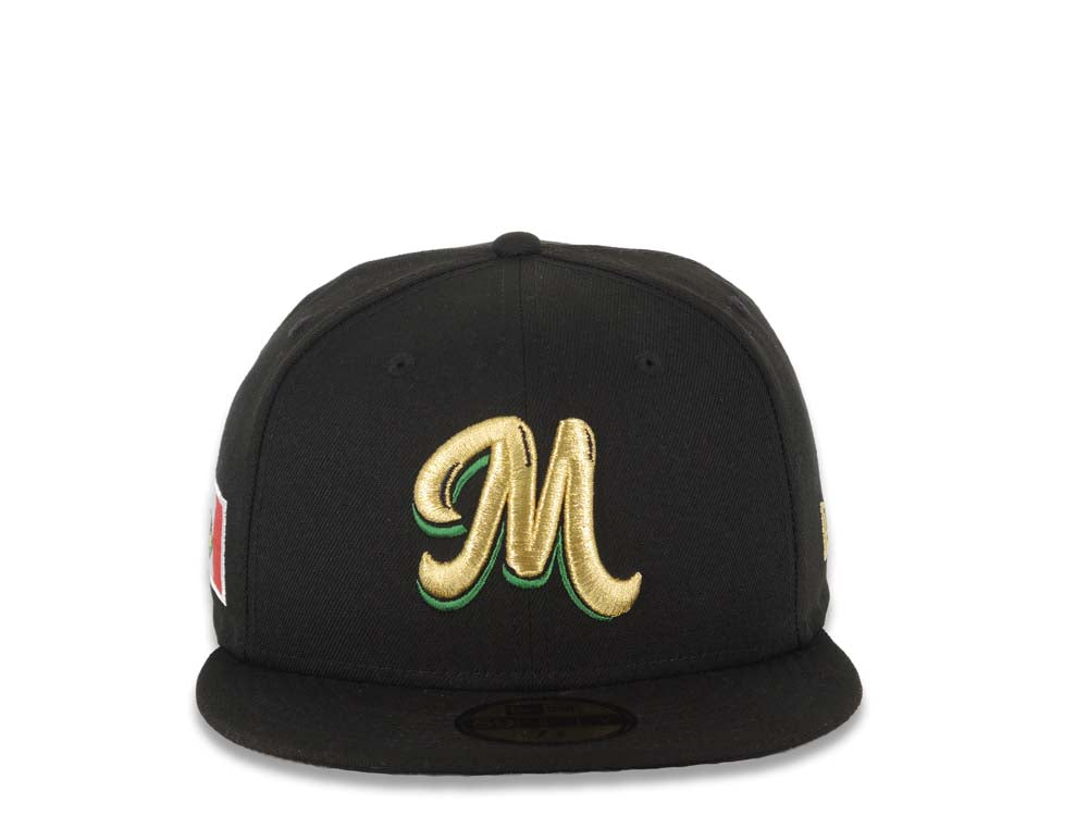 Mexico Carribean Serie New Era 59FIFTY 5950 Fitted Cap Hat Black Crown/Visor Metallic Gold/Green Logo Flag Side Patch