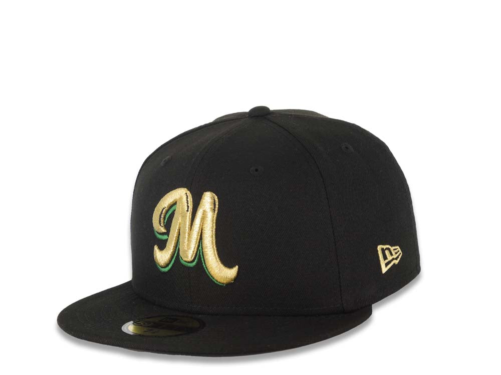 Mexico Carribean Serie New Era 59FIFTY 5950 Fitted Cap Hat Black Crown/Visor Metallic Gold/Green Logo Flag Side Patch