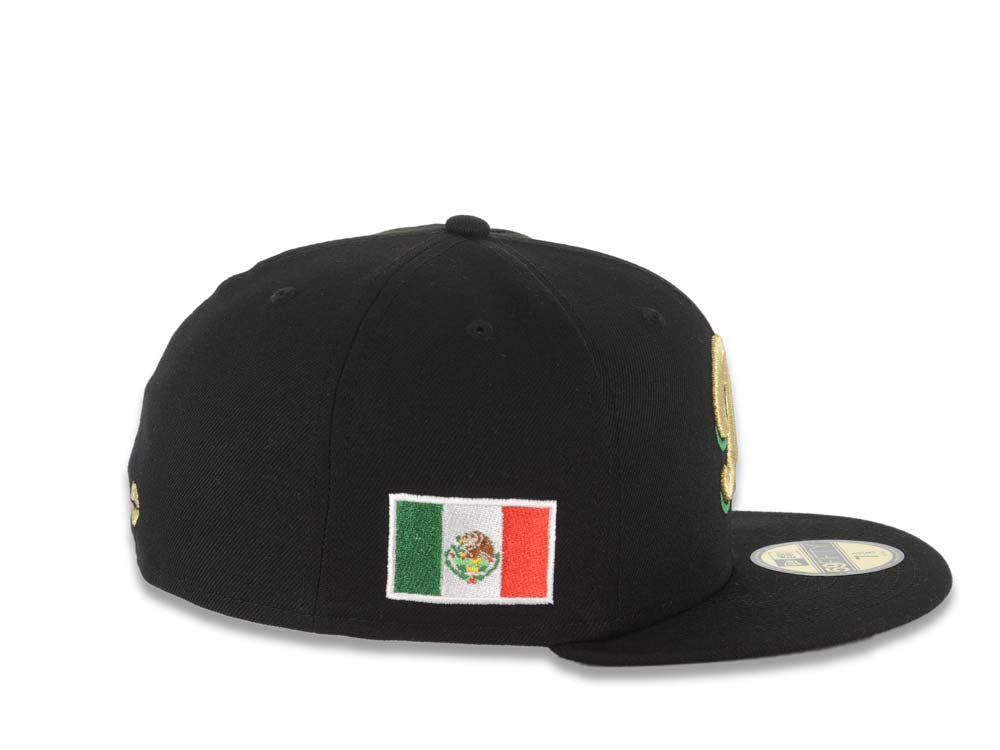 Mexico Carribean Serie New Era 59FIFTY 5950 Fitted Cap Hat Black Crown/Visor Metallic Gold/Green Logo Flag Side Patch
