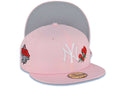 New York Yankees New Era MLB 59FIFTY 5950 Fitted Cap Hat Pink Crown/Visor White with Rose Logo 1999 World Series Side Patch Gray UV
