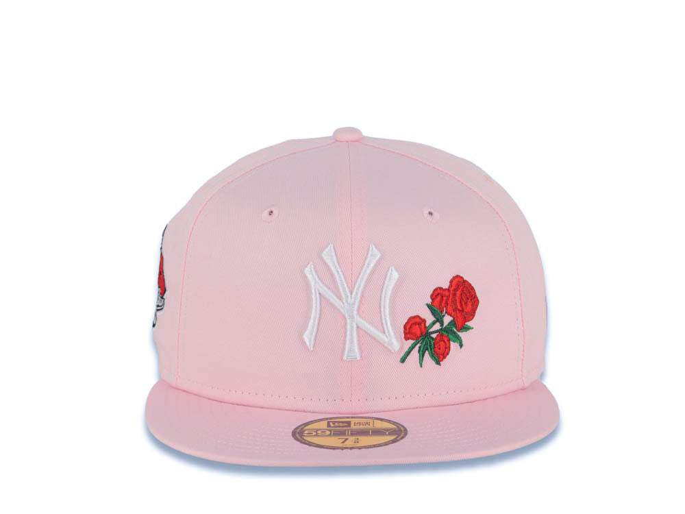 New York Yankees New Era MLB 59FIFTY 5950 Fitted Cap Hat Pink Crown/Visor White with Rose Logo 1999 World Series Side Patch Gray UV
