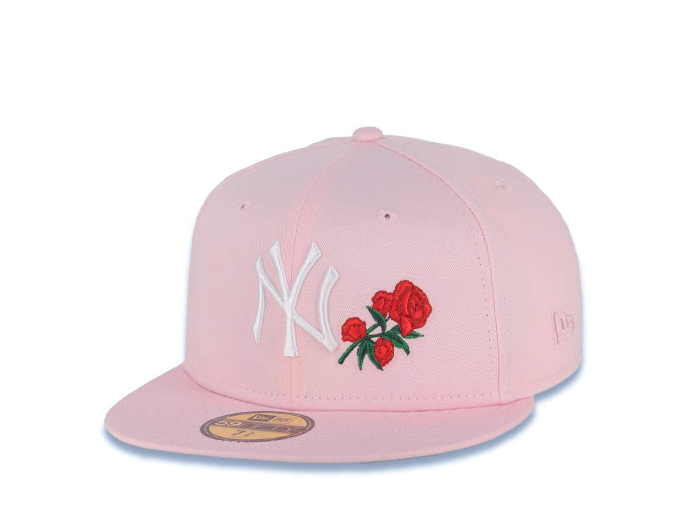 New York Yankees New Era MLB 59FIFTY 5950 Fitted Cap Hat Pink Crown/Visor White with Rose Logo 1999 World Series Side Patch Gray UV