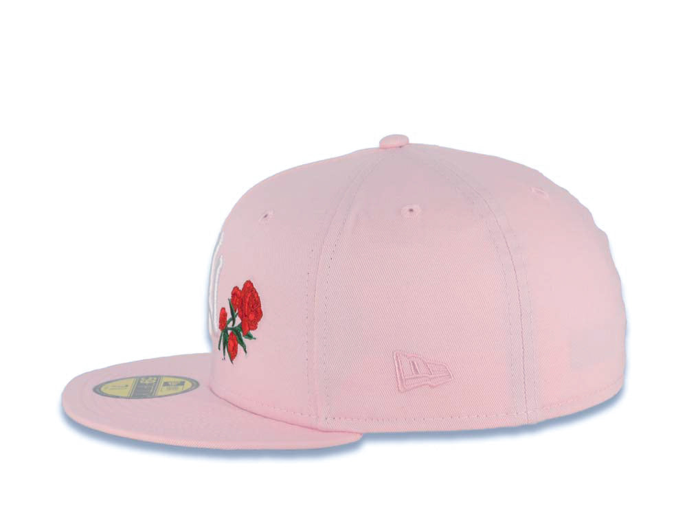 New York Yankees New Era MLB 59FIFTY 5950 Fitted Cap Hat Pink Crown/Visor White with Rose Logo 1999 World Series Side Patch Gray UV