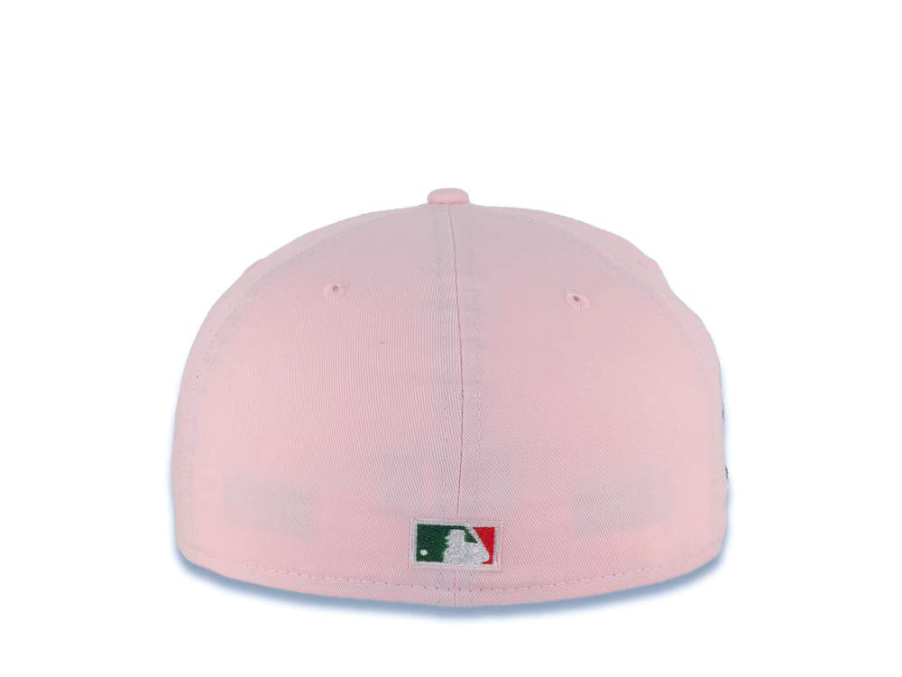 New York Yankees New Era MLB 59FIFTY 5950 Fitted Cap Hat Pink Crown/Visor White with Rose Logo 1999 World Series Side Patch Gray UV