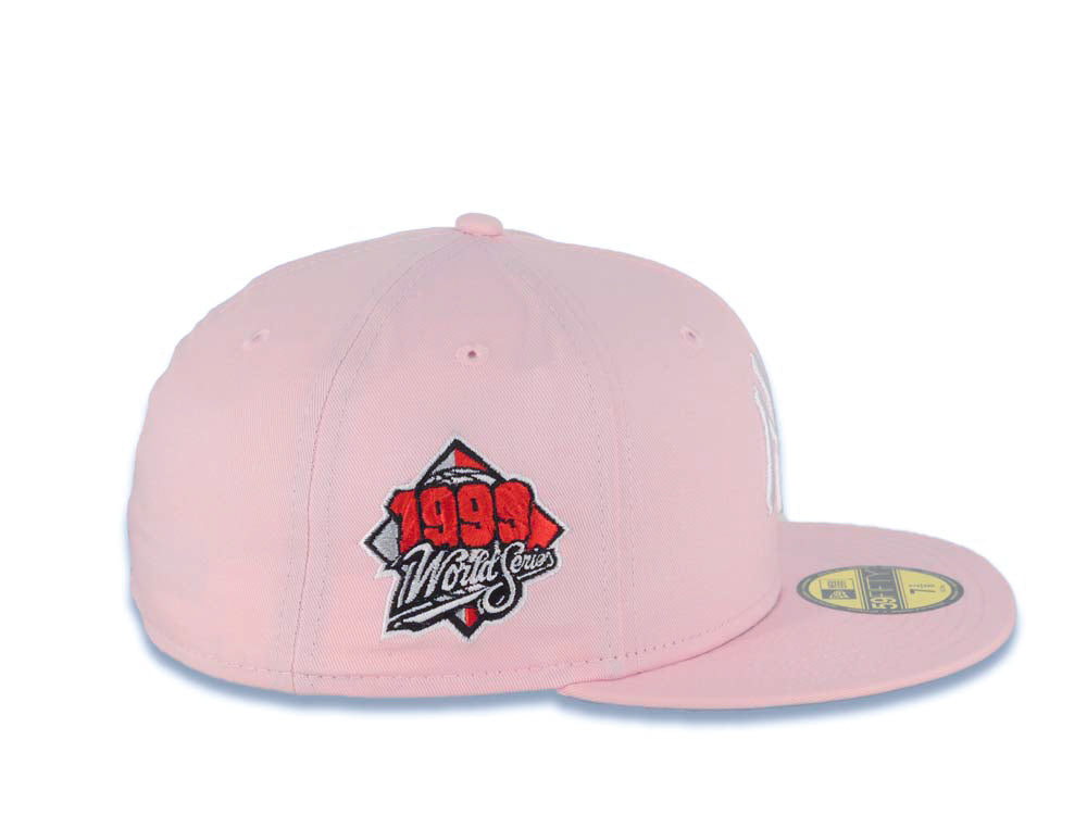 New York Yankees New Era MLB 59FIFTY 5950 Fitted Cap Hat Pink Crown/Visor White with Rose Logo 1999 World Series Side Patch Gray UV