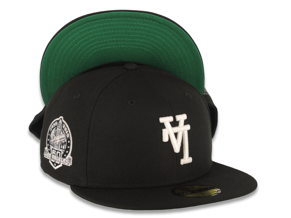 Los Angeles Dodgers New Era MLB 59FIFTY 5950 Fitted Cap Hat Black Crown/Visor White Upside Down Logo 60th Anniversary Side Patch Green UV