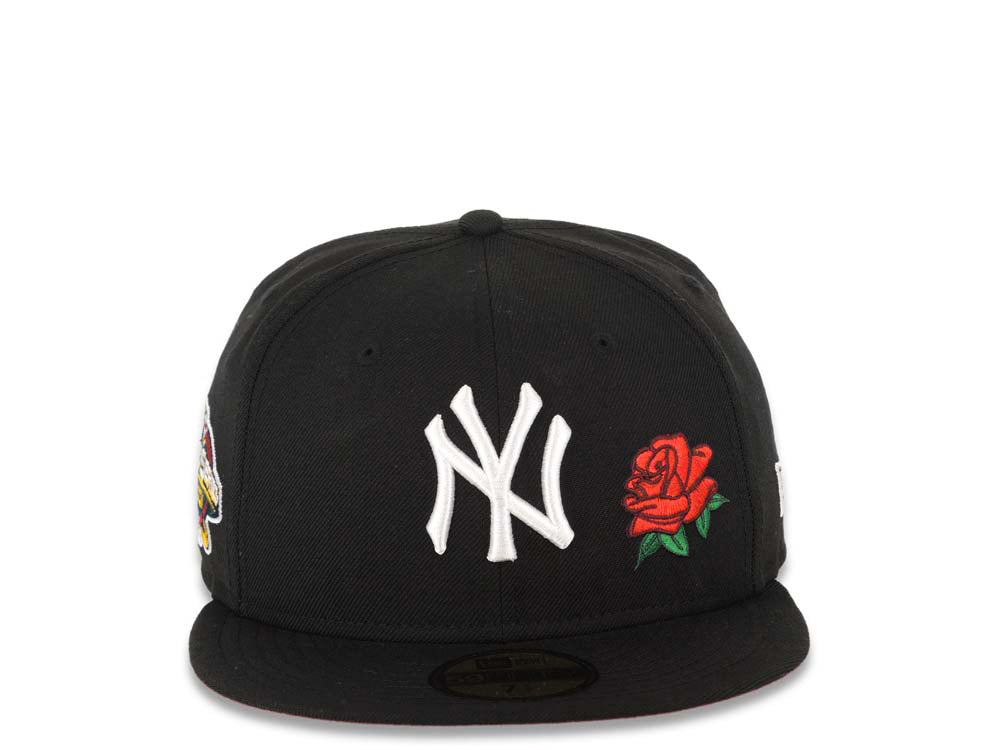 New York Yankees New Era MLB 59FIFTY 5950 Fitted Cap Hat Black Crown/Visor White Logo With Rose 2001 World Series Side Patch Red UV