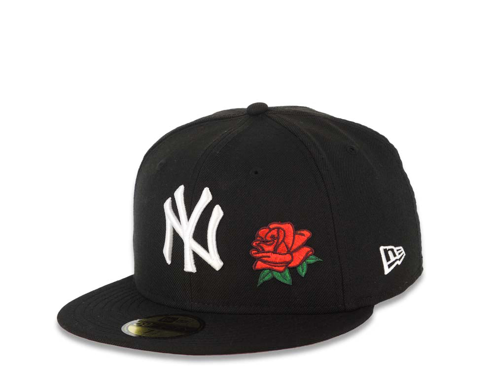New York Yankees New Era MLB 59FIFTY 5950 Fitted Cap Hat Black Crown/Visor White Logo With Rose 2001 World Series Side Patch Red UV