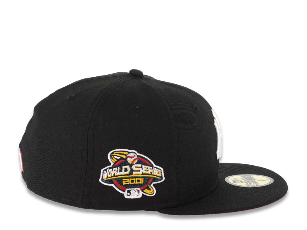 New York Yankees New Era MLB 59FIFTY 5950 Fitted Cap Hat Black Crown/Visor White Logo With Rose 2001 World Series Side Patch Red UV