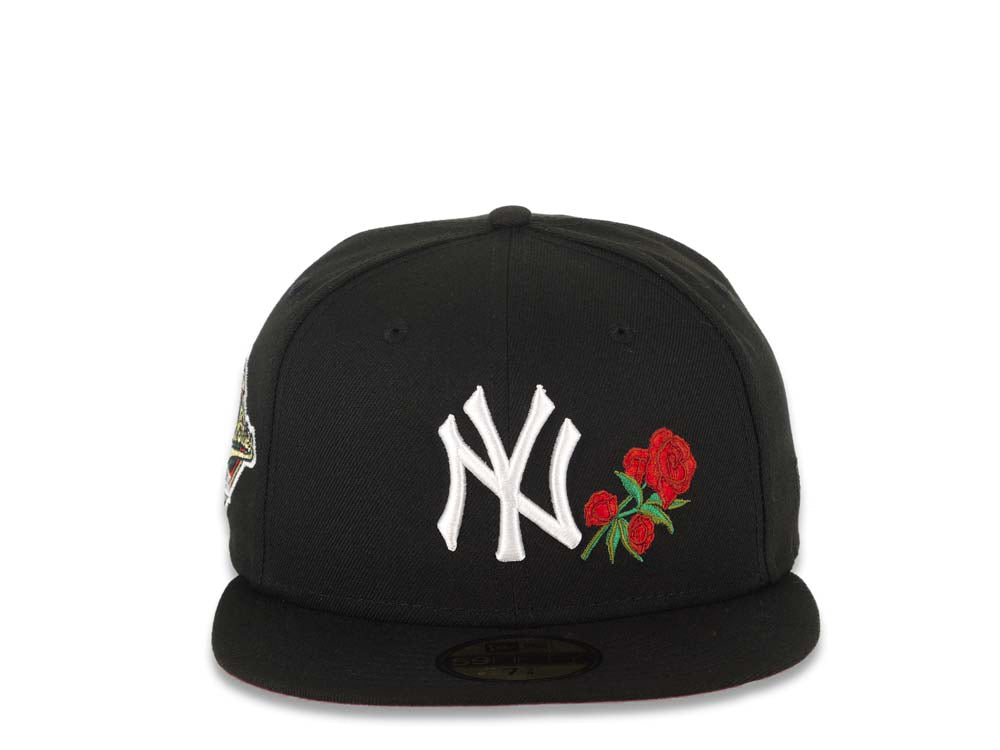New York Yankees New Era MLB 59FIFTY 5950 Fitted Cap Hat Black Crown/Visor White Logo With Roses 1996 World Series Side Patch Red UV