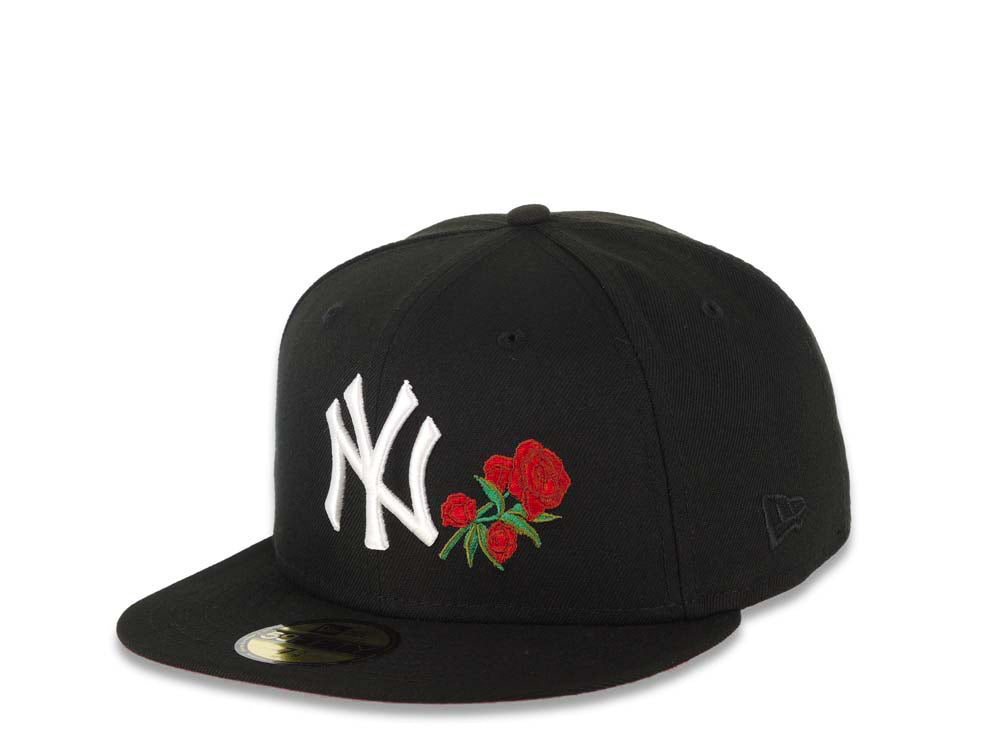 New York Yankees New Era MLB 59FIFTY 5950 Fitted Cap Hat Black Crown/Visor White Logo With Roses 1996 World Series Side Patch Red UV
