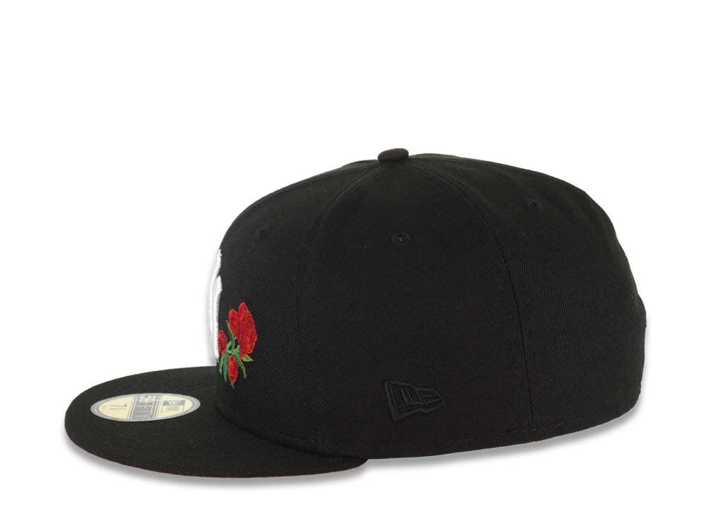 New York Yankees New Era MLB 59FIFTY 5950 Fitted Cap Hat Black Crown/Visor White Logo With Roses 1996 World Series Side Patch Red UV