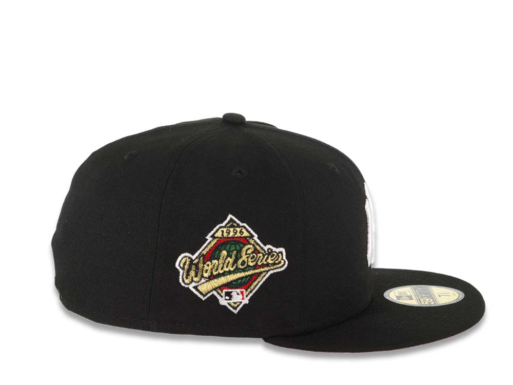 New York Yankees New Era MLB 59FIFTY 5950 Fitted Cap Hat Black Crown/Visor White Logo With Roses 1996 World Series Side Patch Red UV