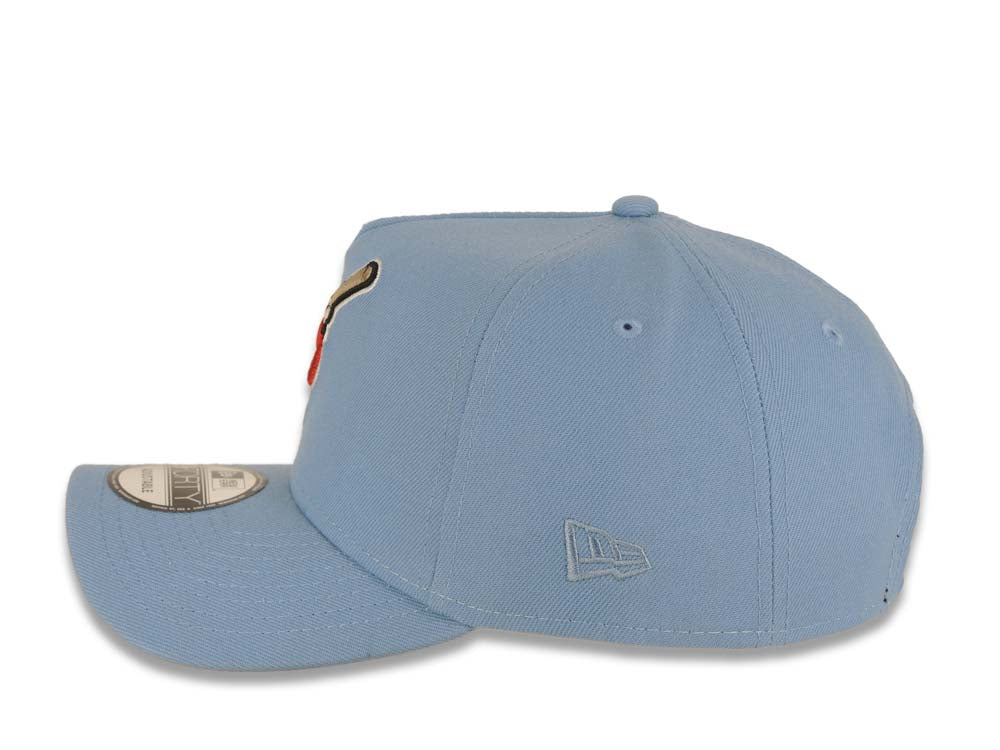 San Diego Padres New Era MLB 9FORTY 940 Adjustable A-Frame Cap Hat Sky Blue Crown/Visor Red/White Swinging Friar Logo Gray UV