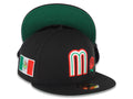 Mexico New Era 59FIFTY 5950 Fitted Cap Hat Black Crown/Visor White/Red/Green Logo with Rose Mexico Flag Side Patch Green UV