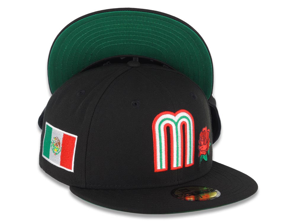 Mexico New Era 59FIFTY 5950 Fitted Cap Hat Black Crown/Visor White/Red/Green Logo with Rose Mexico Flag Side Patch Green UV
