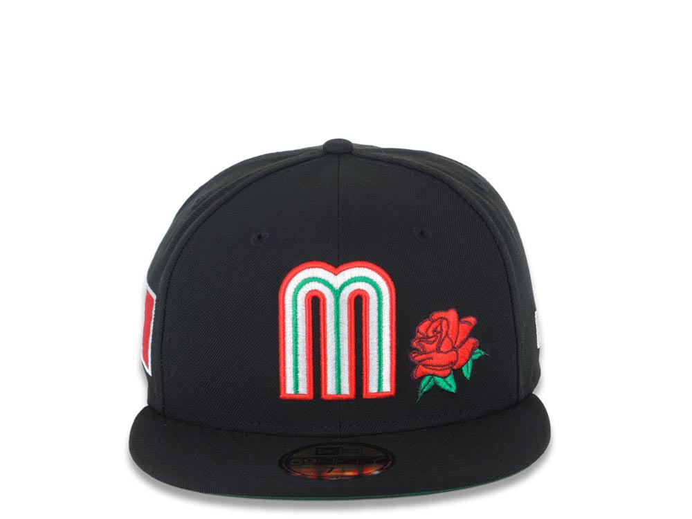 Mexico New Era 59FIFTY 5950 Fitted Cap Hat Black Crown/Visor White/Red/Green Logo with Rose Mexico Flag Side Patch Green UV