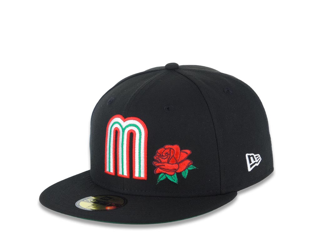 Mexico New Era 59FIFTY 5950 Fitted Cap Hat Black Crown/Visor White/Red/Green Logo with Rose Mexico Flag Side Patch Green UV