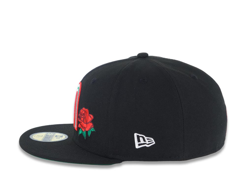 Mexico New Era 59FIFTY 5950 Fitted Cap Hat Black Crown/Visor White/Red/Green Logo with Rose Mexico Flag Side Patch Green UV