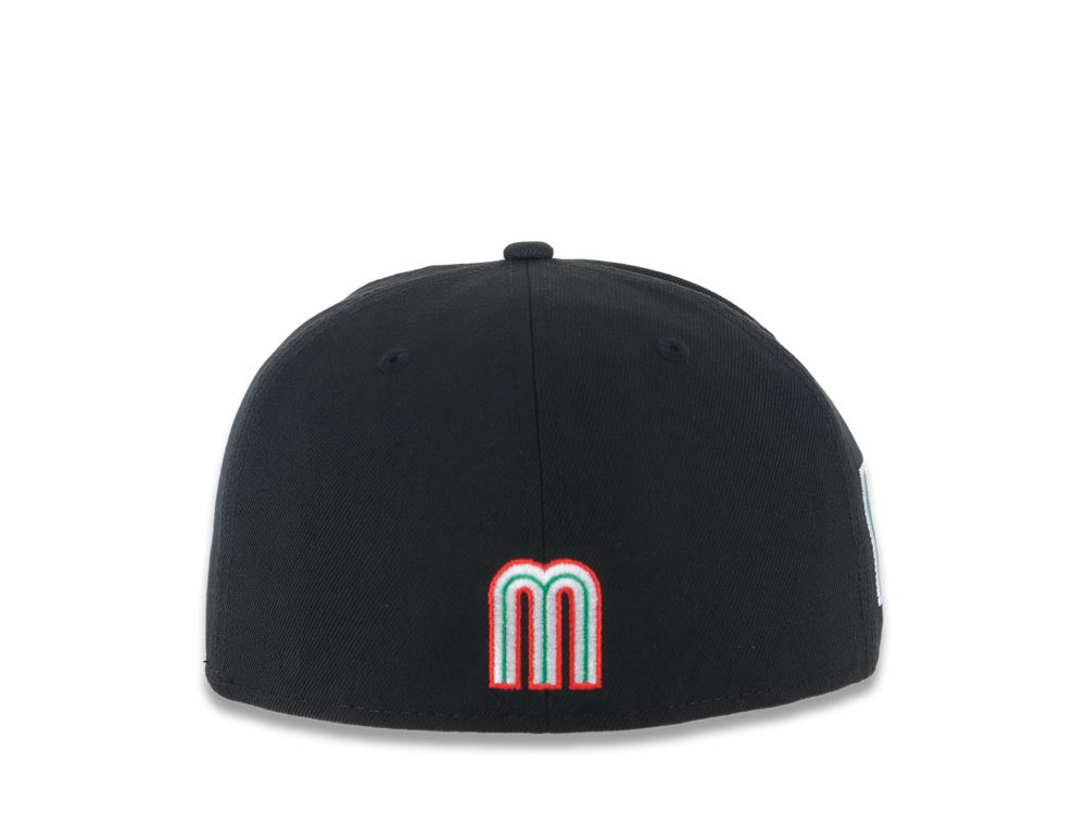 Mexico New Era 59FIFTY 5950 Fitted Cap Hat Black Crown/Visor White/Red/Green Logo with Rose Mexico Flag Side Patch Green UV