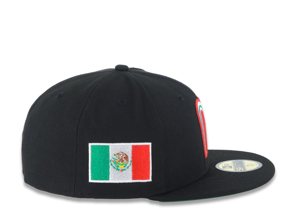 Mexico New Era 59FIFTY 5950 Fitted Cap Hat Black Crown/Visor White/Red/Green Logo with Rose Mexico Flag Side Patch Green UV