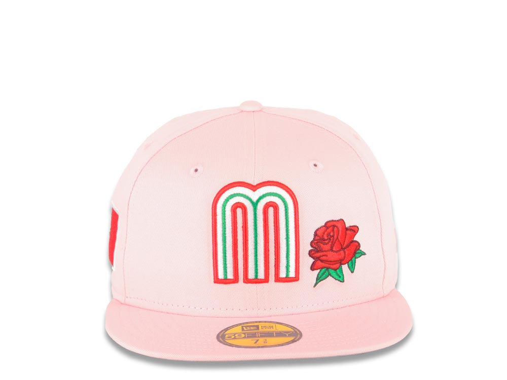 Mexico New Era 59FIFTY 5950 Fitted Cap Hat Pink Crown/Visor White/Red/Green Logo with Rose Mexico Flag Side Patch Gray UV