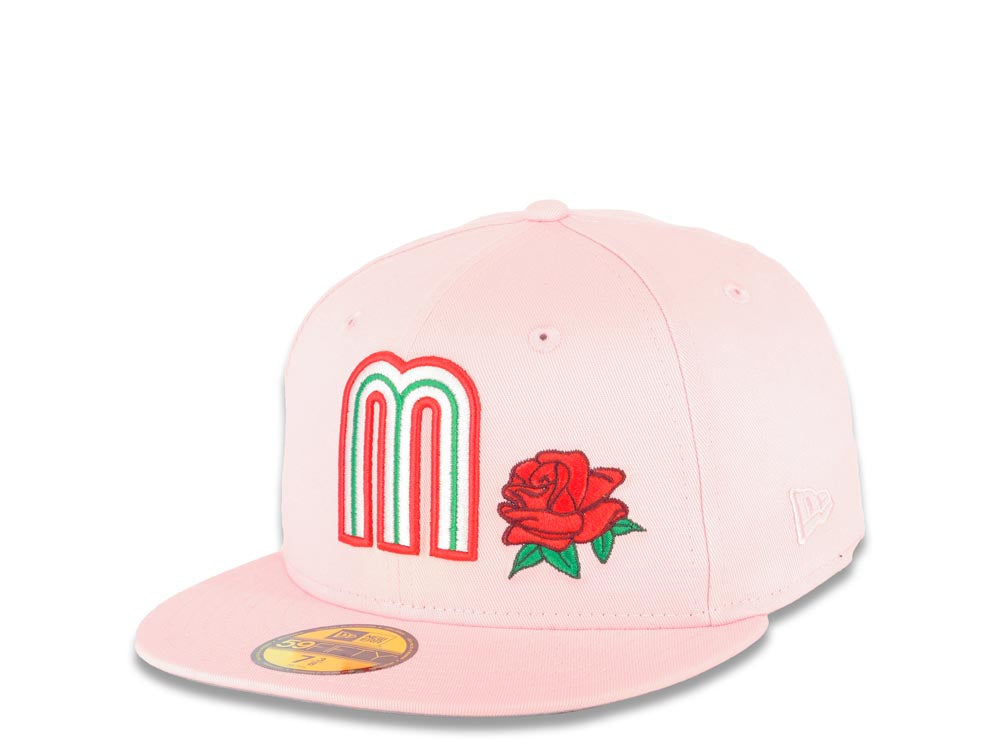 Mexico New Era 59FIFTY 5950 Fitted Cap Hat Pink Crown/Visor White/Red/Green Logo with Rose Mexico Flag Side Patch Gray UV