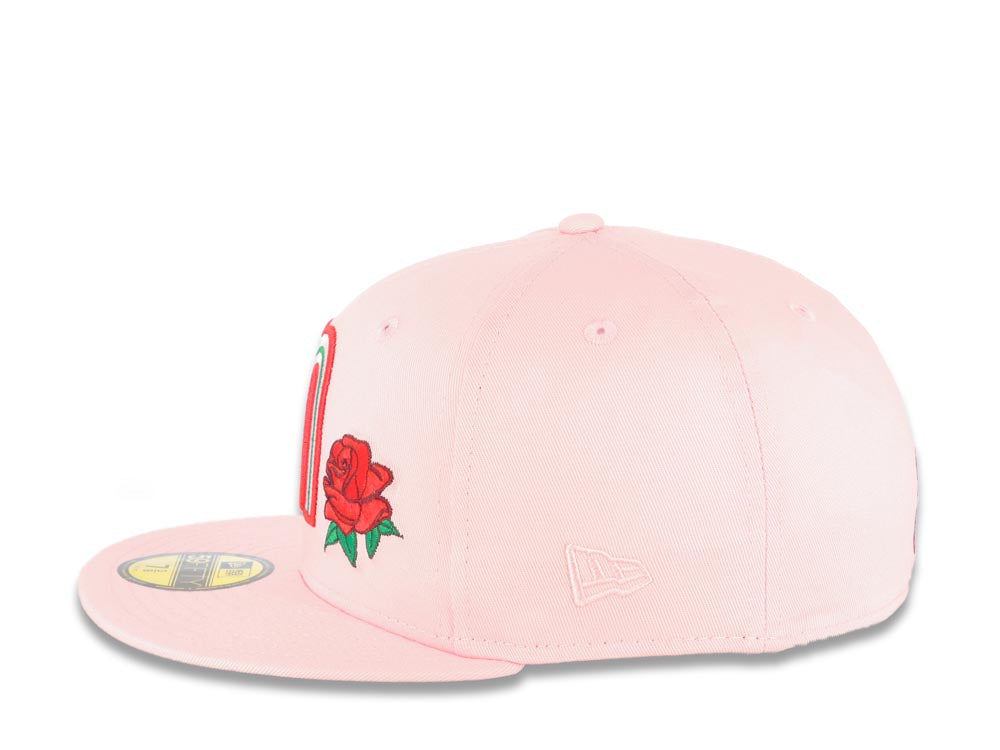 Mexico New Era 59FIFTY 5950 Fitted Cap Hat Pink Crown/Visor White/Red/Green Logo with Rose Mexico Flag Side Patch Gray UV