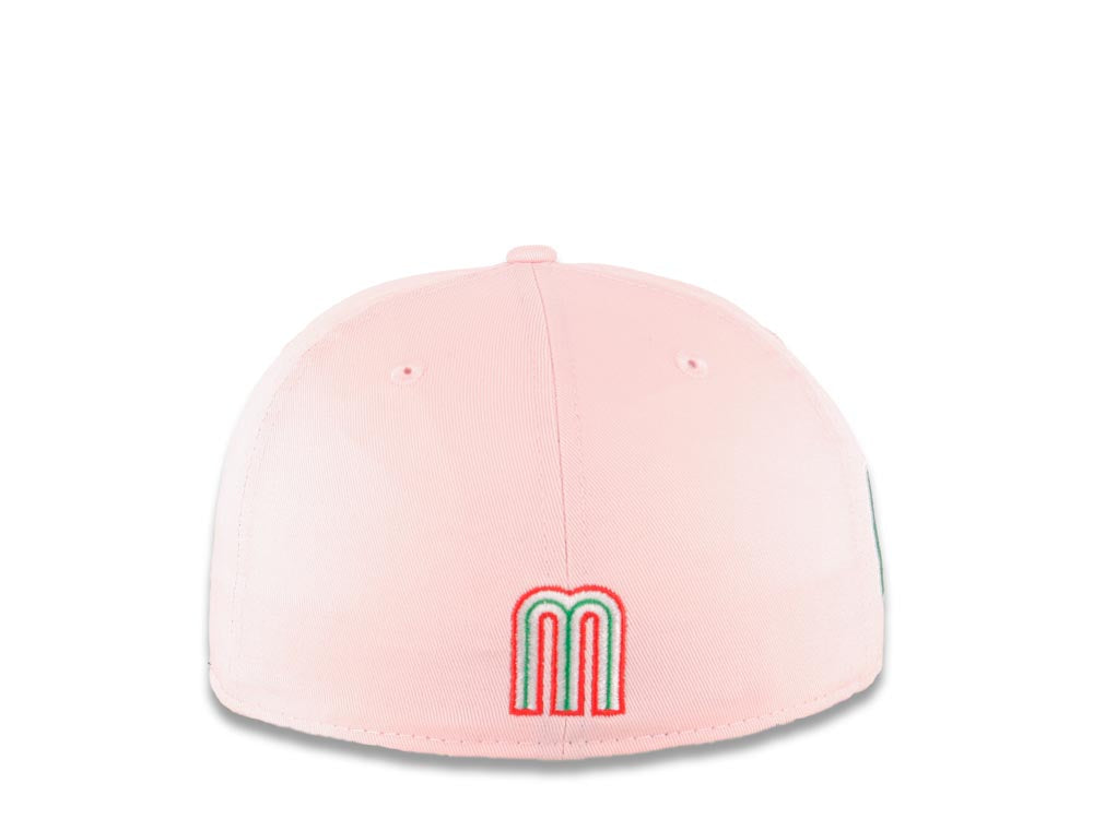 Mexico New Era 59FIFTY 5950 Fitted Cap Hat Pink Crown/Visor White/Red/Green Logo with Rose Mexico Flag Side Patch Gray UV