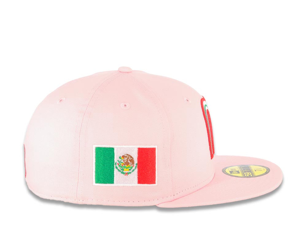 Mexico New Era 59FIFTY 5950 Fitted Cap Hat Pink Crown/Visor White/Red/Green Logo with Rose Mexico Flag Side Patch Gray UV