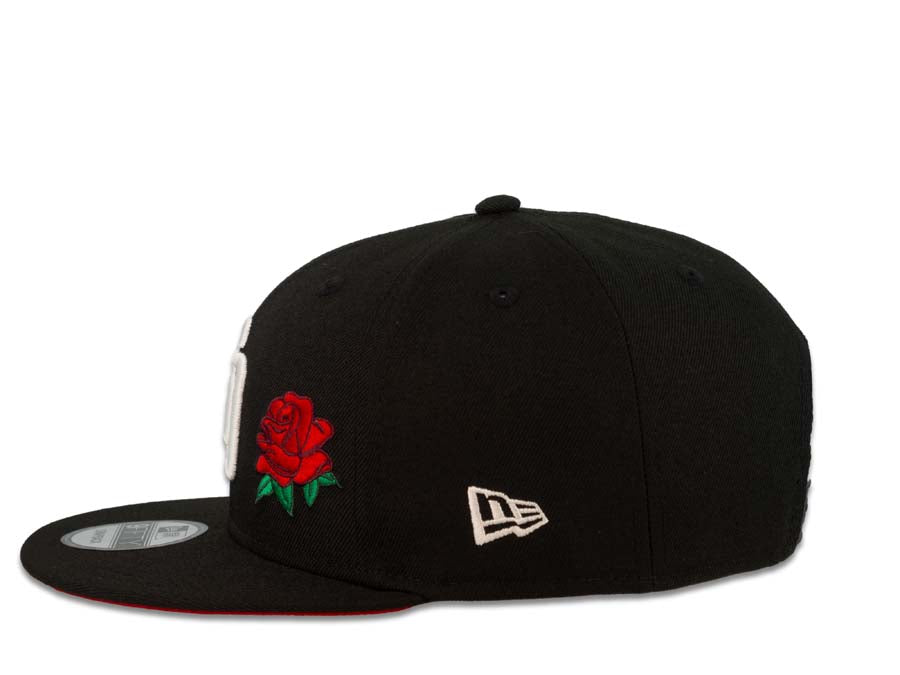 (Youth) San Diego Padres New Era MLB 9FIFTY 950 Kid Snapback Cap Hat Black Crown/Visor White Logo with Rose Swinging Friar Side Patch Red UV