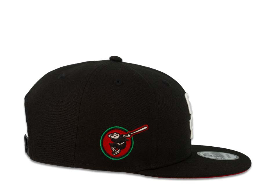(Youth) San Diego Padres New Era MLB 9FIFTY 950 Kid Snapback Cap Hat Black Crown/Visor White Logo with Rose Swinging Friar Side Patch Red UV