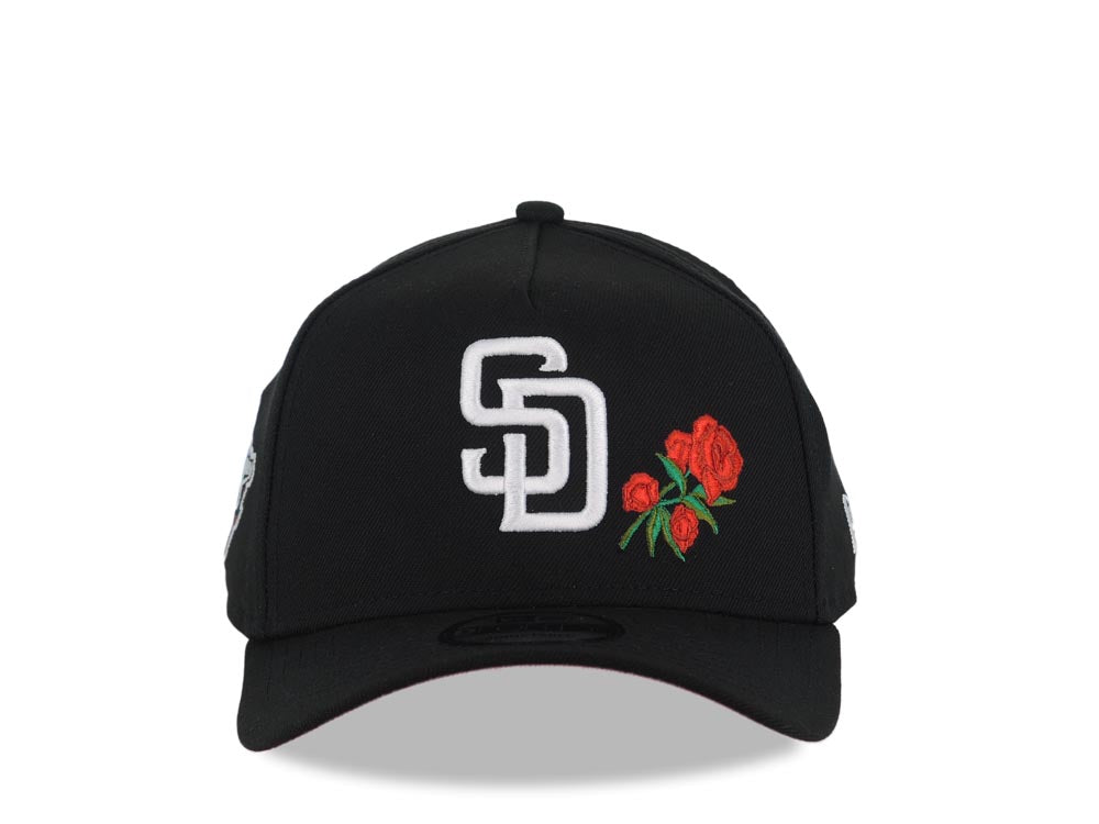 San Diego Padres New Era MLB 9FORTY 940 Adjustable A-Frame Cap Hat Black Crown/Visor White Logo With Rose 1998 World Series Side Patch Red UV