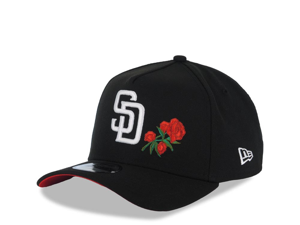 San Diego Padres New Era MLB 9FORTY 940 Adjustable A-Frame Cap Hat Black Crown/Visor White Logo With Rose 1998 World Series Side Patch Red UV
