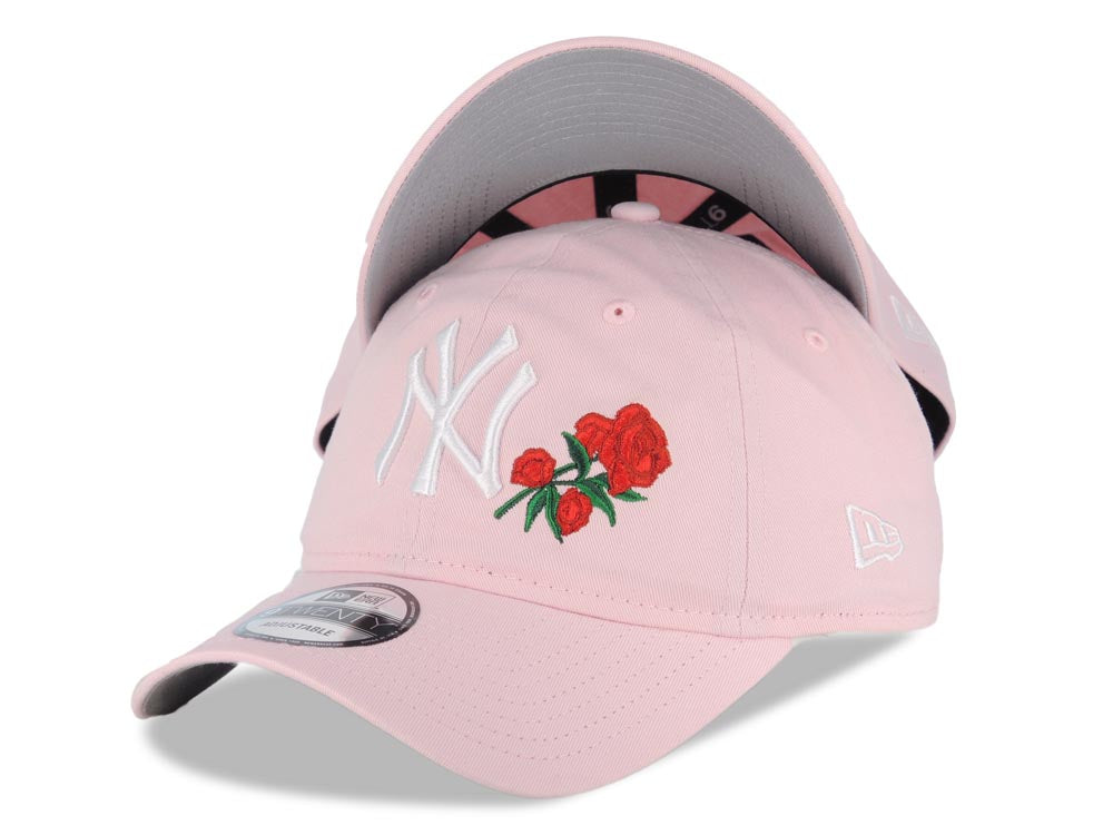 New York Yankees New Era MLB 9TWENTY 920 Adjustable Cap Hat Pink Crown/Visor White Logo Red Roses Gray UV