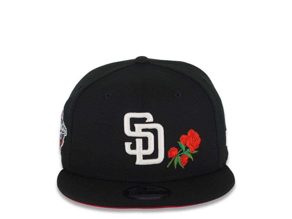 San Diego Padres New Era MLB 9FIFTY 950 Snapback Cap Hat Black Crown/Visor White Logo With Rose 1998 World Series Side Patch Red UV