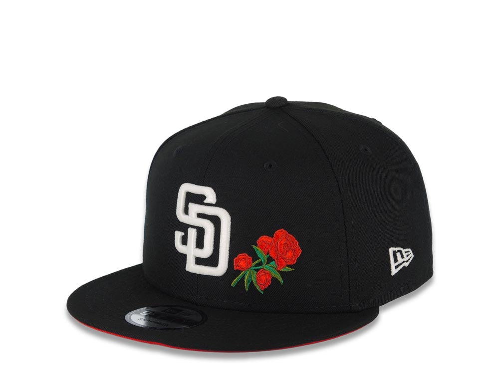 San Diego Padres New Era MLB 9FIFTY 950 Snapback Cap Hat Black Crown/Visor White Logo With Rose 1998 World Series Side Patch Red UV