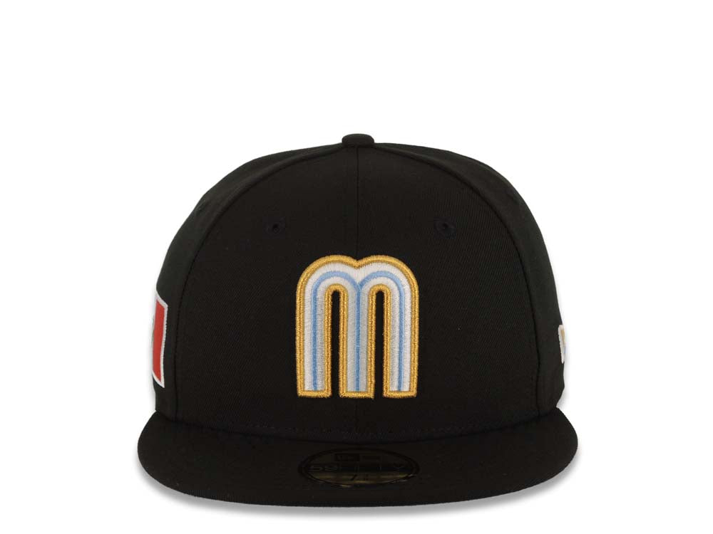 Mexico New Era 59FIFTY 5950 Fitted Cap Hat Black Crown/Visor Sky Blue/White/Metallic Gold Logo Mexico Flag Side Patch Sky Blue UV
