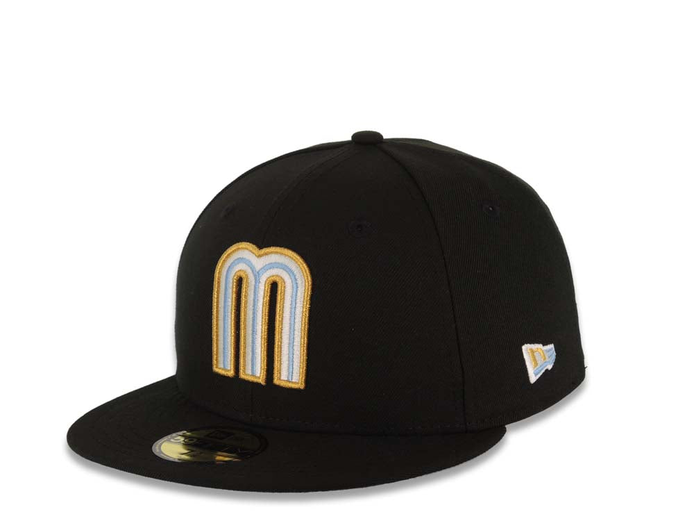 Mexico New Era 59FIFTY 5950 Fitted Cap Hat Black Crown/Visor Sky Blue/White/Metallic Gold Logo Mexico Flag Side Patch Sky Blue UV
