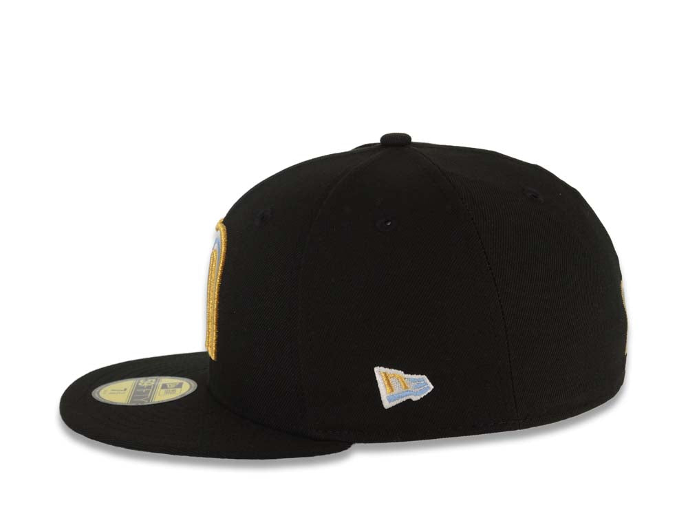 Mexico New Era 59FIFTY 5950 Fitted Cap Hat Black Crown/Visor Sky Blue/White/Metallic Gold Logo Mexico Flag Side Patch Sky Blue UV