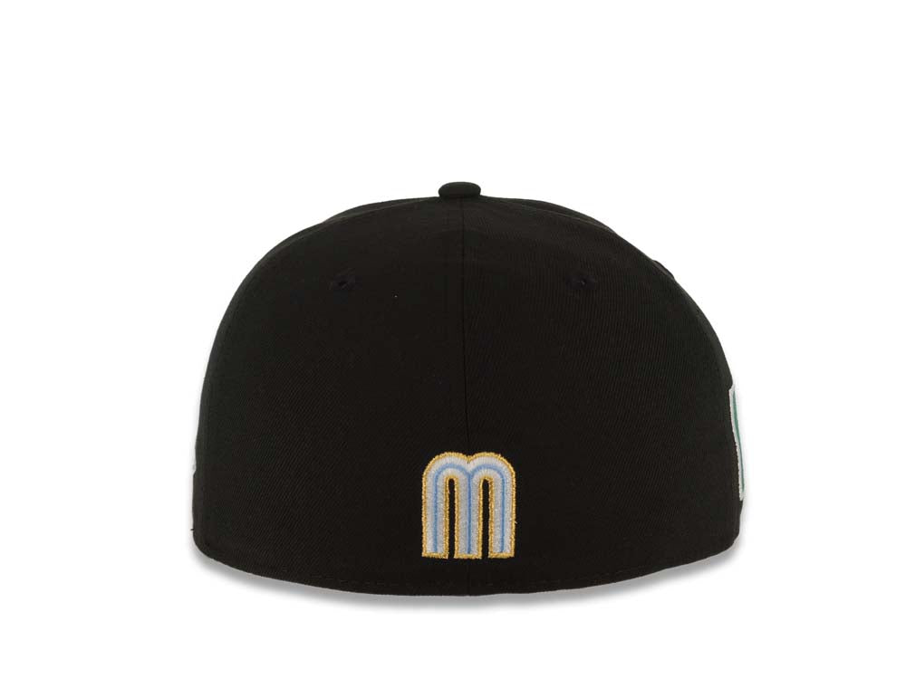 Mexico New Era 59FIFTY 5950 Fitted Cap Hat Black Crown/Visor Sky Blue/White/Metallic Gold Logo Mexico Flag Side Patch Sky Blue UV