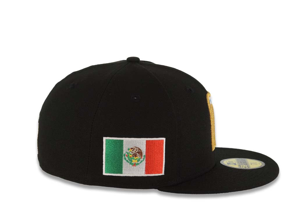 Mexico New Era 59FIFTY 5950 Fitted Cap Hat Black Crown/Visor Sky Blue/White/Metallic Gold Logo Mexico Flag Side Patch Sky Blue UV